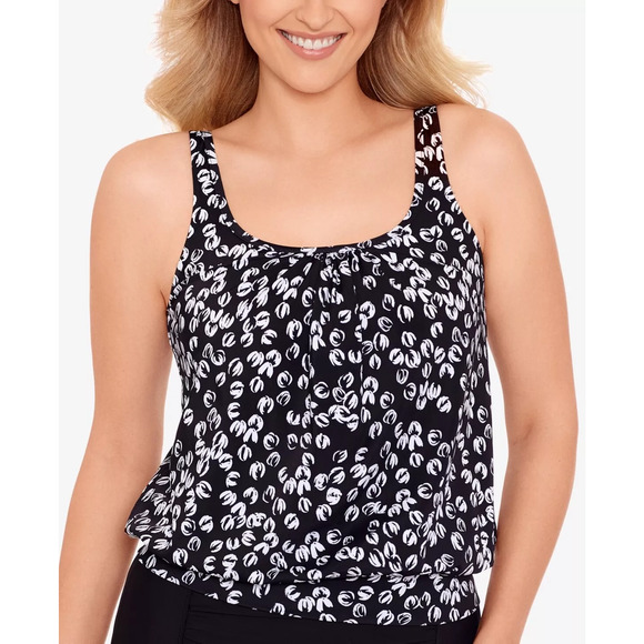 Swim Solutions Shirred Neck Blouson Tankini Top Size 14 Black White Dot Bra New - Picture 1 of 8